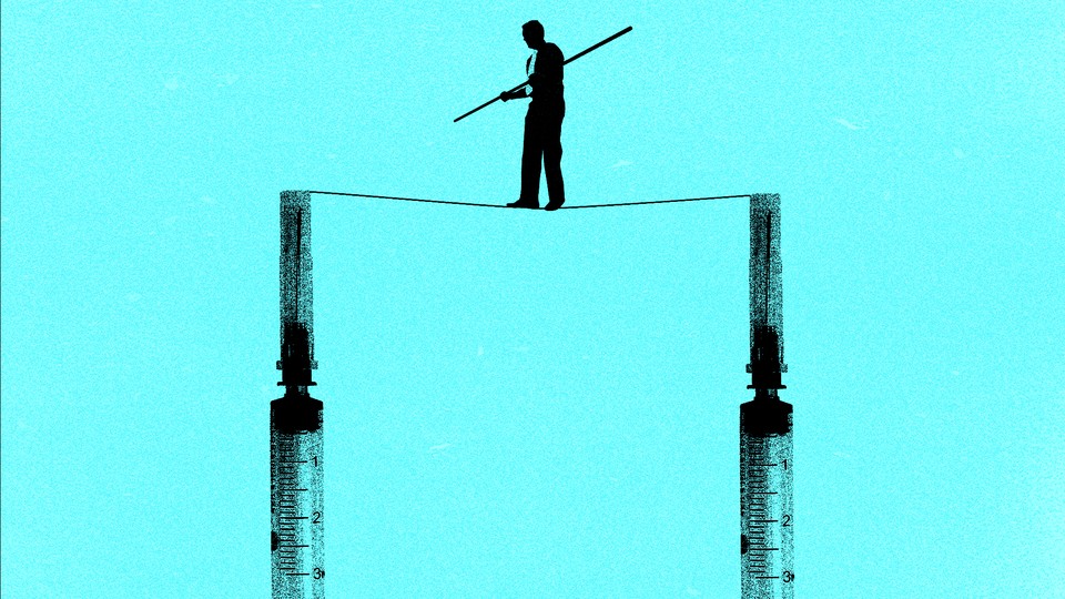 A photo illustration of a man with a stick walking a tightrope between two syringes