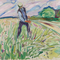 painting by Edvard Munch of man in colorful field with scythe, with horizon of clouds and trees in background