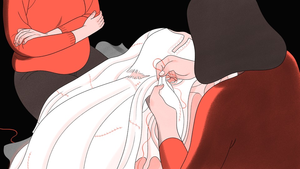 An illustration of a woman mending a dress