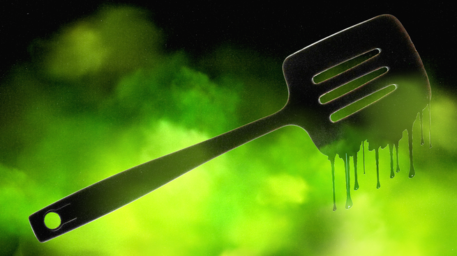 Illustration of a black plastic spatula melting in a neon green cloud.