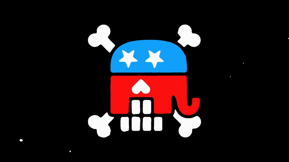 The GOP elephant logo as the skull in an illustration of a skull and crossbones