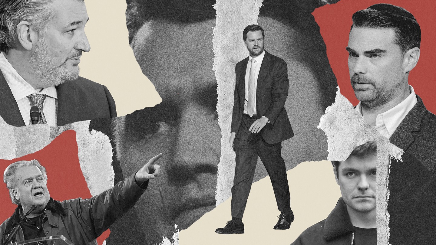 Ted Cruz, Ben Shapiro, Steve Bannon, Nick Fuentes, and J.D. Vance over an image of Charlie Kirk