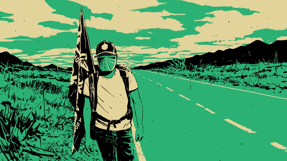 An illustration of a man wearing a mask and walking alongside an open road carrying a banner