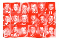 A grid of blurred faces painted in red