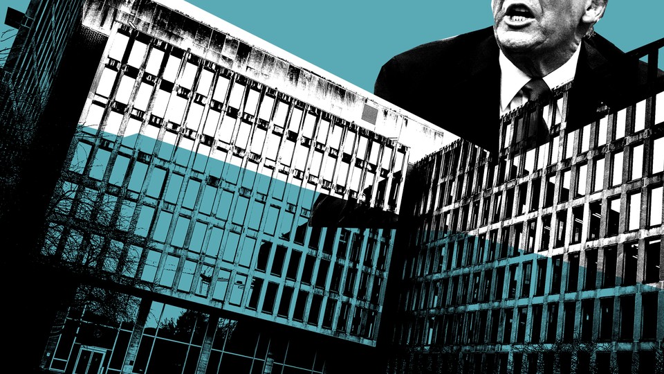 Donald Trump and the exterior of the Theodore Roosevelt Federal Building headquarters of the U.S. Office of Personnel Management