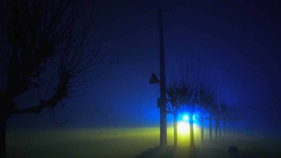 A slightly blurred image of dark road lined with trees, with bright blue and yellow lights