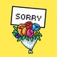 A digital representation of a bouquet of flowers with a card that says "sorry," on a yellow background