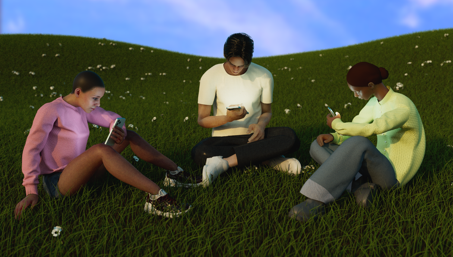 Three young people use their phones while sitting in a field of grass.