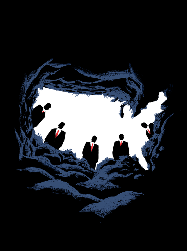 illustration from point of view of bottom of deep U.S.-map-shaped hole in the earth, with a group of suited and red-tie wearing men peering into it as if it were a grave