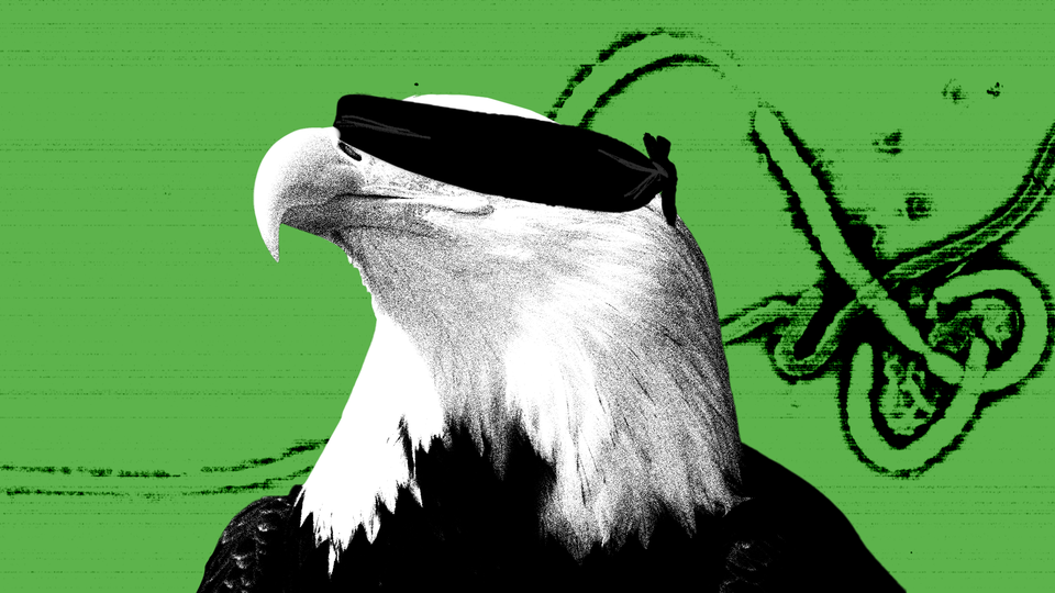 Illustration of bald eagle with a blindfold on in front of a green background