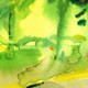 Watercolor hazy illustration of a parking lot backed by palm trees.