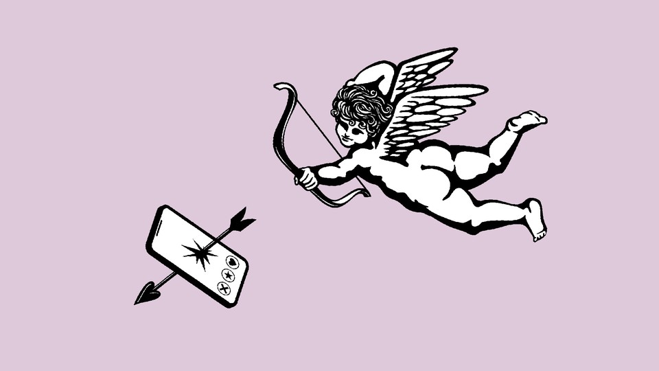 a flying cupid shoots his arrow at an iPhone, cracking through the screen