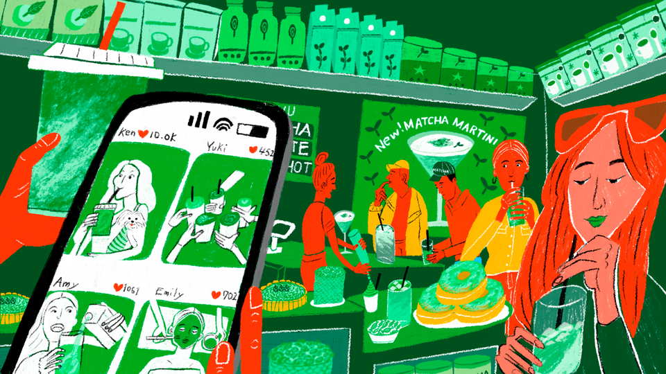 An illustration of a cafe filled with matcha products, with a phone screen in the corner also showing matcha drinks