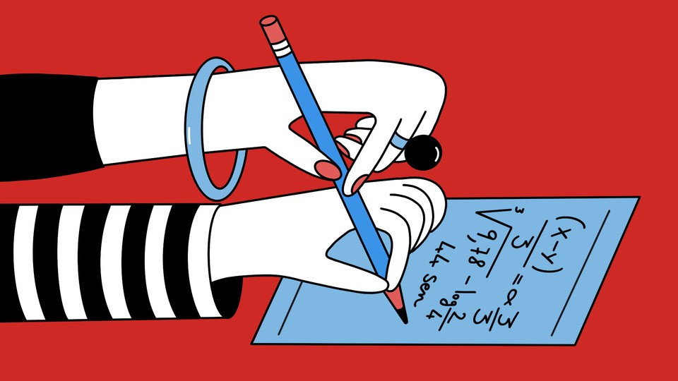 illustration of two hands holding a pencil and writing mathematical equations
