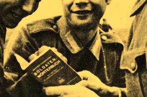 A yellow tinted cropped grainy photograph of soldiers looking into a German dictionary