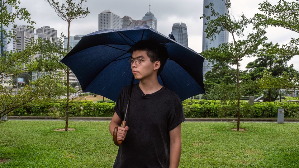 Joshua Wong, a pro-democracy activist, arrives to take part in a strike at Tamar Park after his release from jail in Hong Kong on Monday, June 17, 2019.
