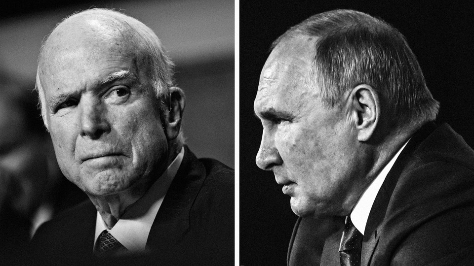 A split-screen image of John McCain and Vladimir Putin