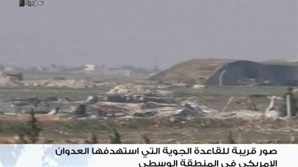 A still image taken from a video broadcast on Syrian state television on April 7, 2017, shows a Syrian army airbase that was hit by a U.S. strike near the city of Homs.