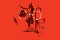 illustration of photos making up the shape of James Joyce's face, including Parnell-stone mustache, statue nose, and scribbled white round glasses on a red background