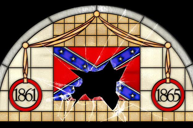 Illustration: Stained glass window with shattered confederate flag and dates 1861 and 1865