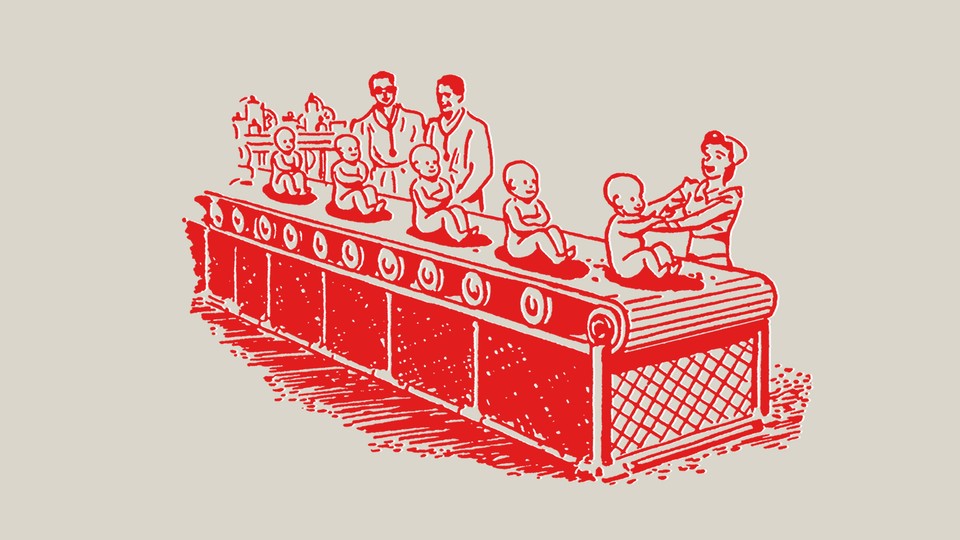 1950s-style illustration of babies on a conveyor belt