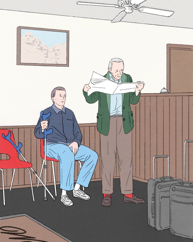 illustration of man seated under picture of Mount Rushmore in waiting room holding crutches next to older man standing by suitcases and reading newspaper