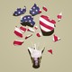 A photo illustration of a shattered light bulb; its glass is made up of segments of the American flag.