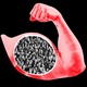 A red cartoon arm with a black and white photo cutout of masses of people in the arm's bicep