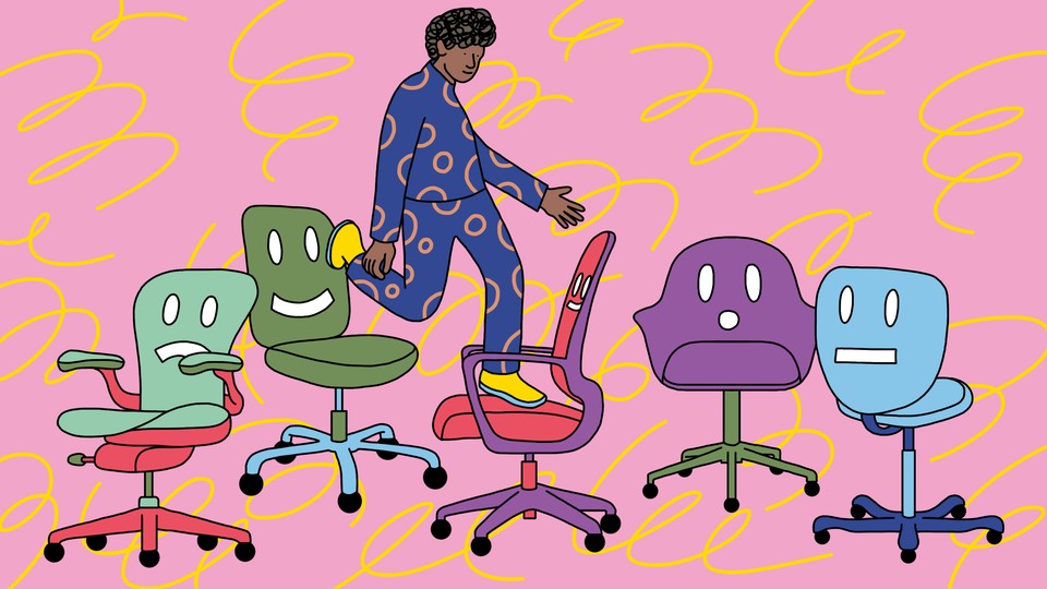 illustration of a person walking from office chair to office chair with various expressions on them