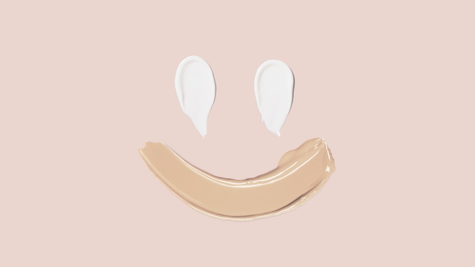 Illustration of a smiley face made with face creams and tinted moisturizer
