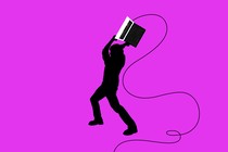 Illustration of a man smashing a laptop, styled like a classic iPod advertisement