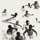 Black-and-white side-by-side images of empty desks and kids playing in water