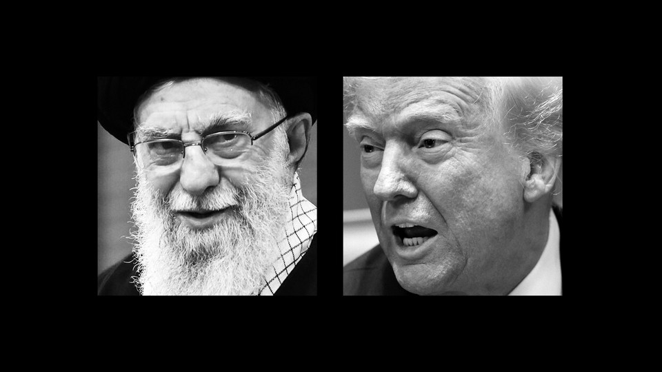 Diptych with black-and-white photos of Ali Khamenei and Donald Trump