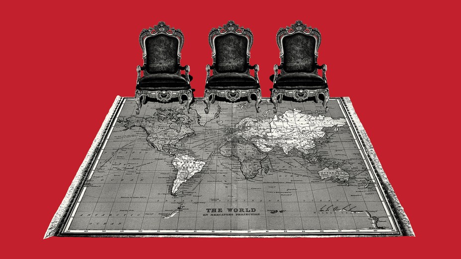 3 ornate wood and velvet chairs on top of a black and white map of the world on red background