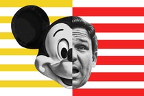 A spliced flag of yellow and red stripes, centering the faces of Mickey Mouse and Governor Ron DeSantis