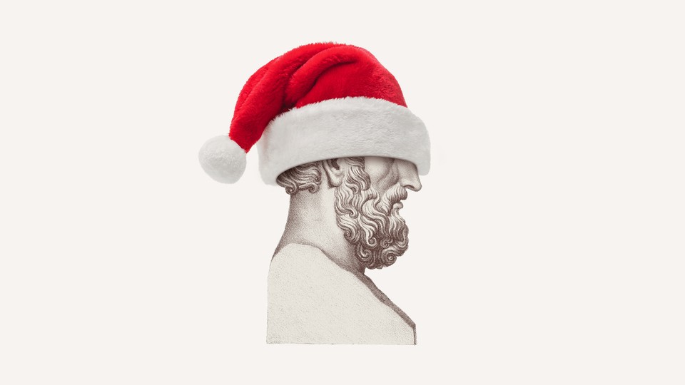 a Philosopher's bust with santa hat