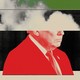 Illustration with a red-tinted photograph of Donald Trump with the top half of his head omitted, white smoke, and black and green horizontal stripes behind Trump