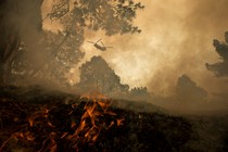 A fire burns in a smoky landscape, with a helicopter flying overhead.