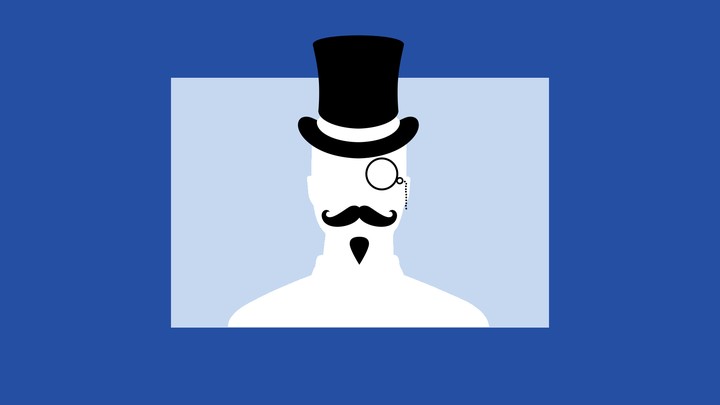 An image of a monopoly man, wearing a top hat and monocle, set against a background of blue squares that evoke Facebook's logo.