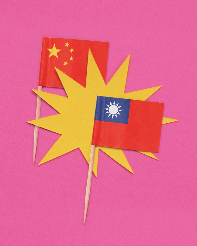 Paper cut-and-paste craft showing a Chinese flag, a yellow bang icon, and the Taiwanese flag.