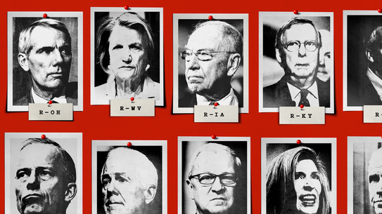 photo-illustration of black-and-white photos of 10 Republican senators pinned to red board including pinned labels indicating each senator's state