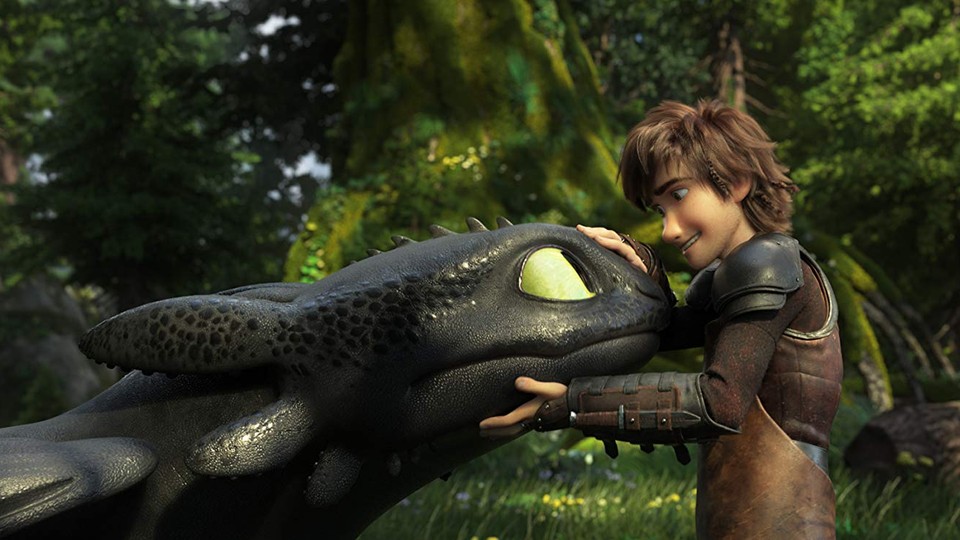 A still image of Toothless, a black dragon, and Hiccup, a Viking boy