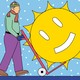 Illustration of a man in wintry weather moving a happy sunny happy face