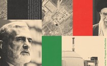 Collage showing satellite imagery, newspaper clippings, and Iranian leaders