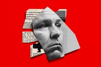 Collage showing the face of Ron DeSantis and newspaper clippings.