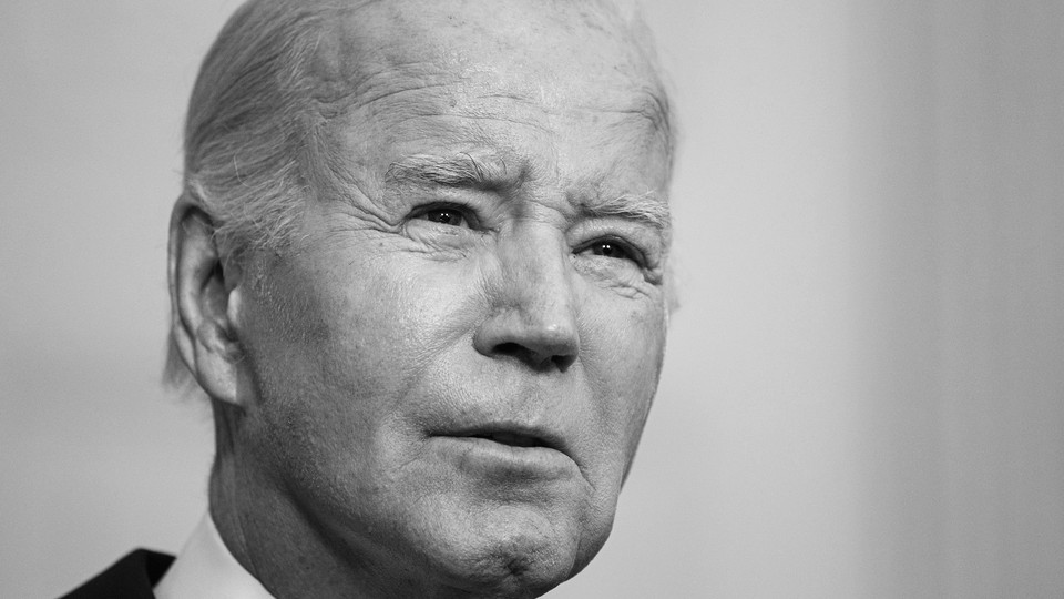 A black-and-white photo portrait of President Joe Biden