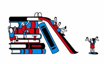 An illustration of kids climbing up a stack of books and sliding down a slide attached to the top of the stack