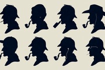 Silhouettes of eight Sherlock Holmes profiles, each wearing distinct hats and smoking different pipes