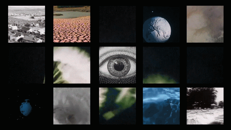 Collage of videos with a human eye in the middle surrounded by natural disasters