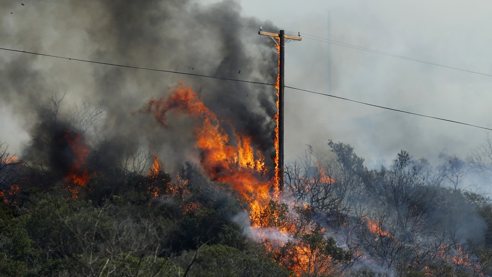 A pole supporting electric wires goes up in flames in a wildfire.